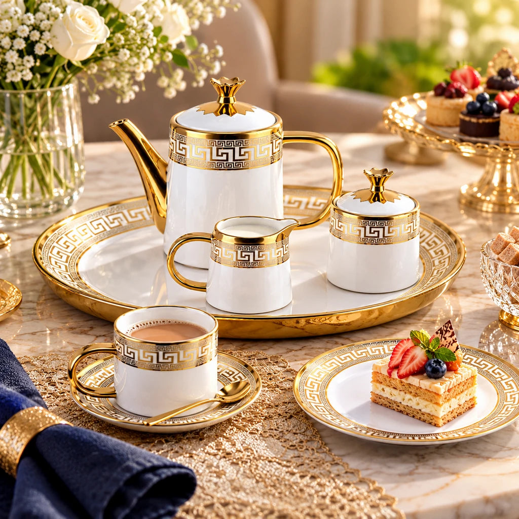 Royal White Greek Key Ceramic Tea Set, 24 Pieces for Six