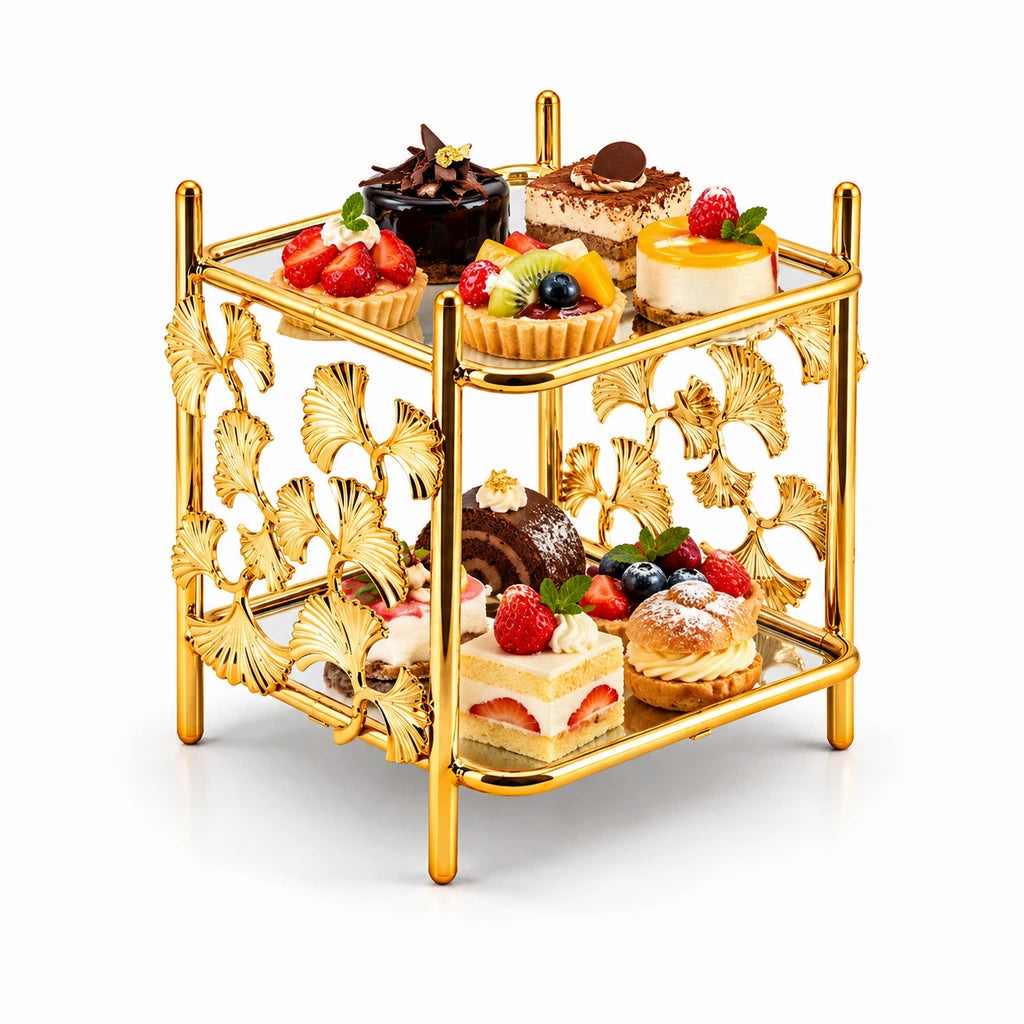 Fancy 2-Tier Rectangular Glass Dessert Stand With Gold-Toned Leaf Frame