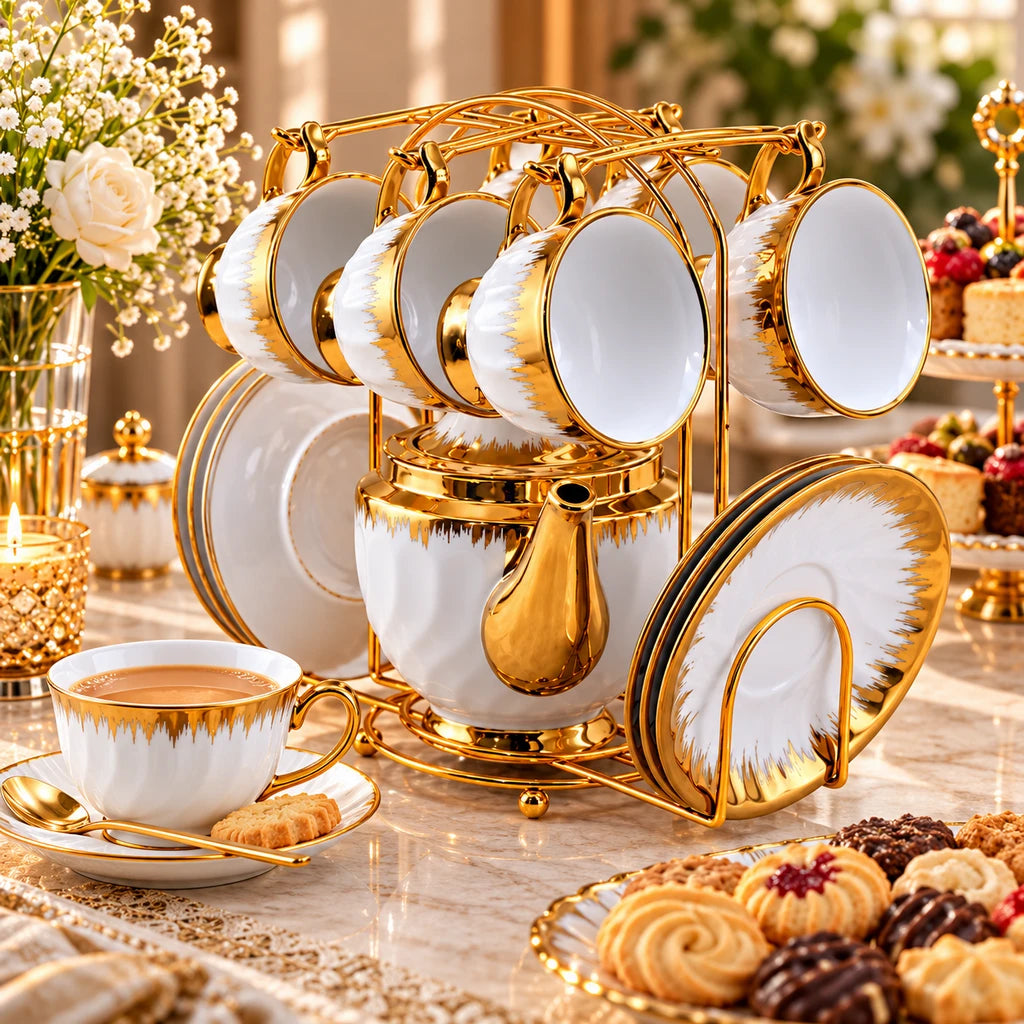 Royal Gold Feathered Rim Ceramic Tea Set with Stand, 13 Pieces