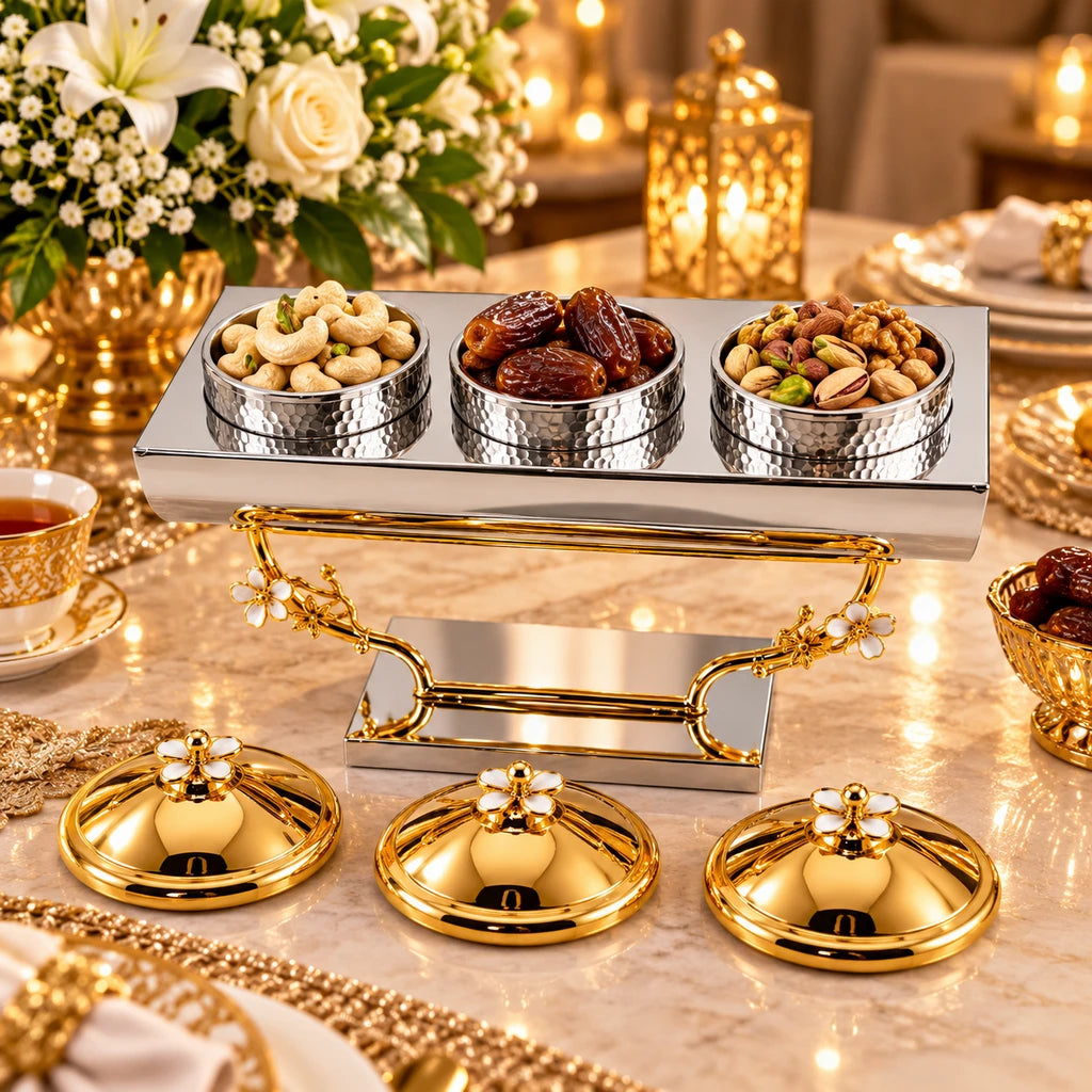 Fancy 3-Bowl Stainless Steel Dry Fruit Dish With Silver-Toned Stand & Gold-Toned Lids