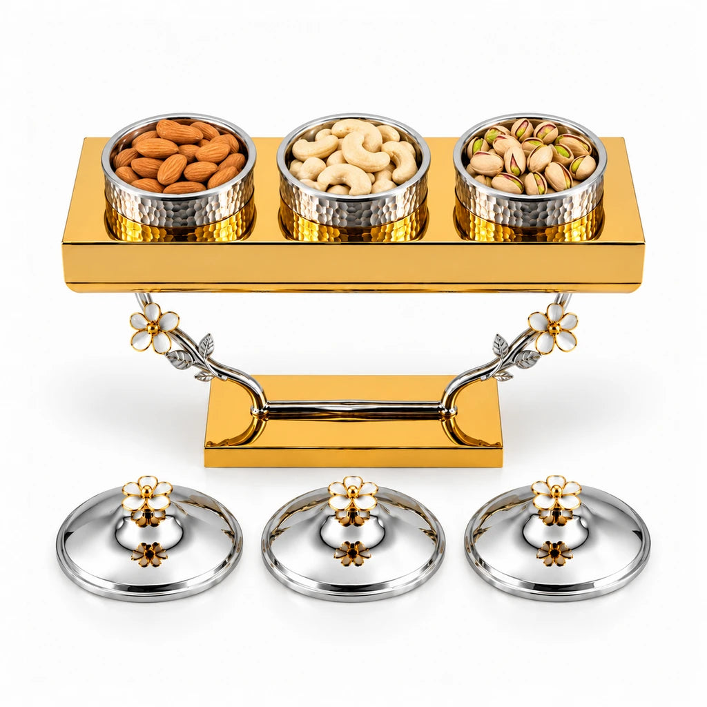 Fancy 3-Bowl Stainless Steel Dry Fruit Stand With Rectangular Base & Floral Supports