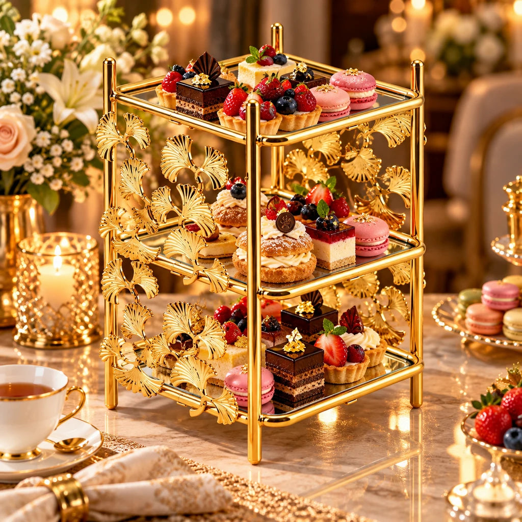 Fancy 3-Tier Rectangular Glass Dessert Stand With Gold-Toned Leaf Frame