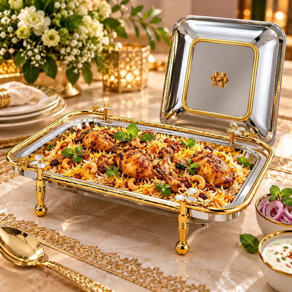 Fancy Stainless Steel Rectangular Serving Dish With Stand - 40, 41 & 47 cm