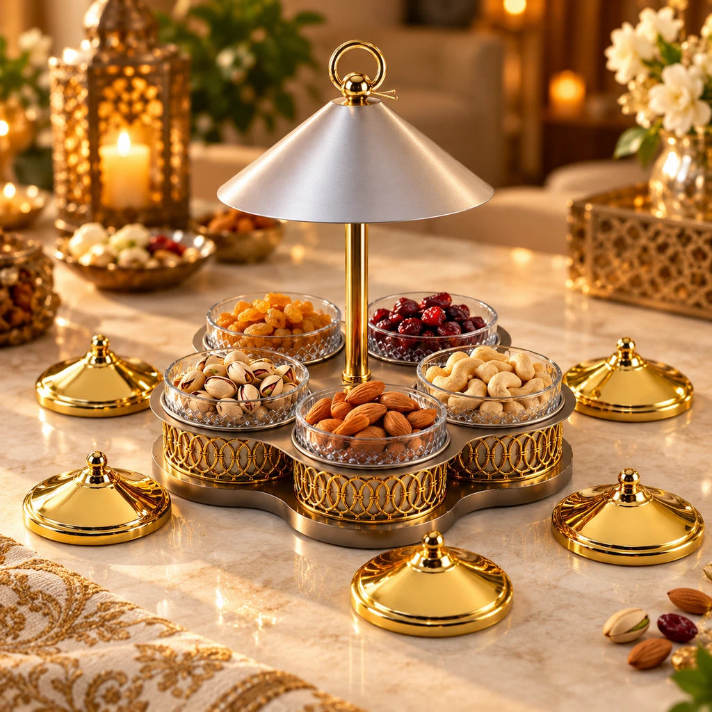 Fancy 5-Bowl Glass Dry Fruit Stand With Steel Lids & Ring-Top Canopy