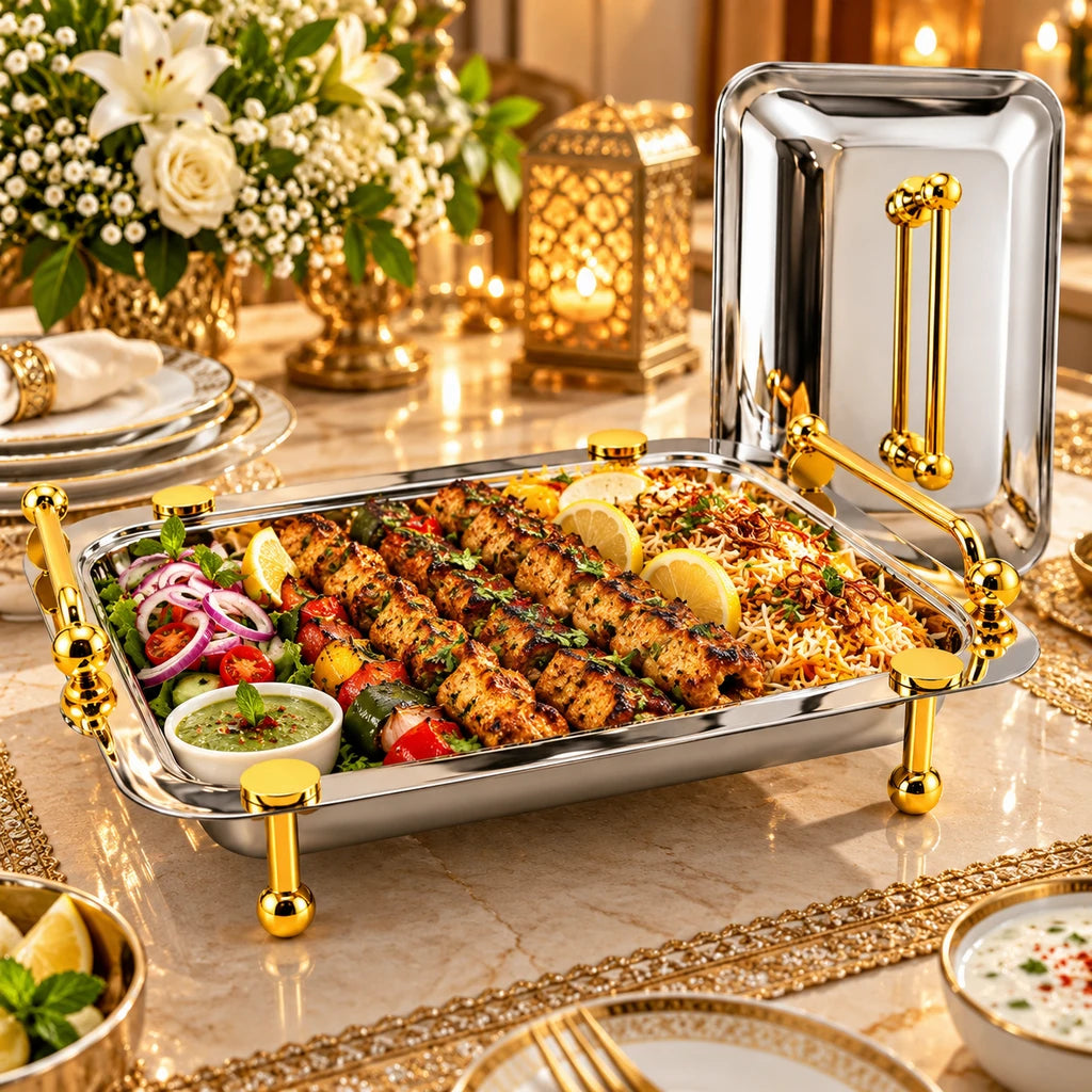 Fancy Stainless Steel Rectangular Serving Dish With Stand - 40, 41 & 47 cm