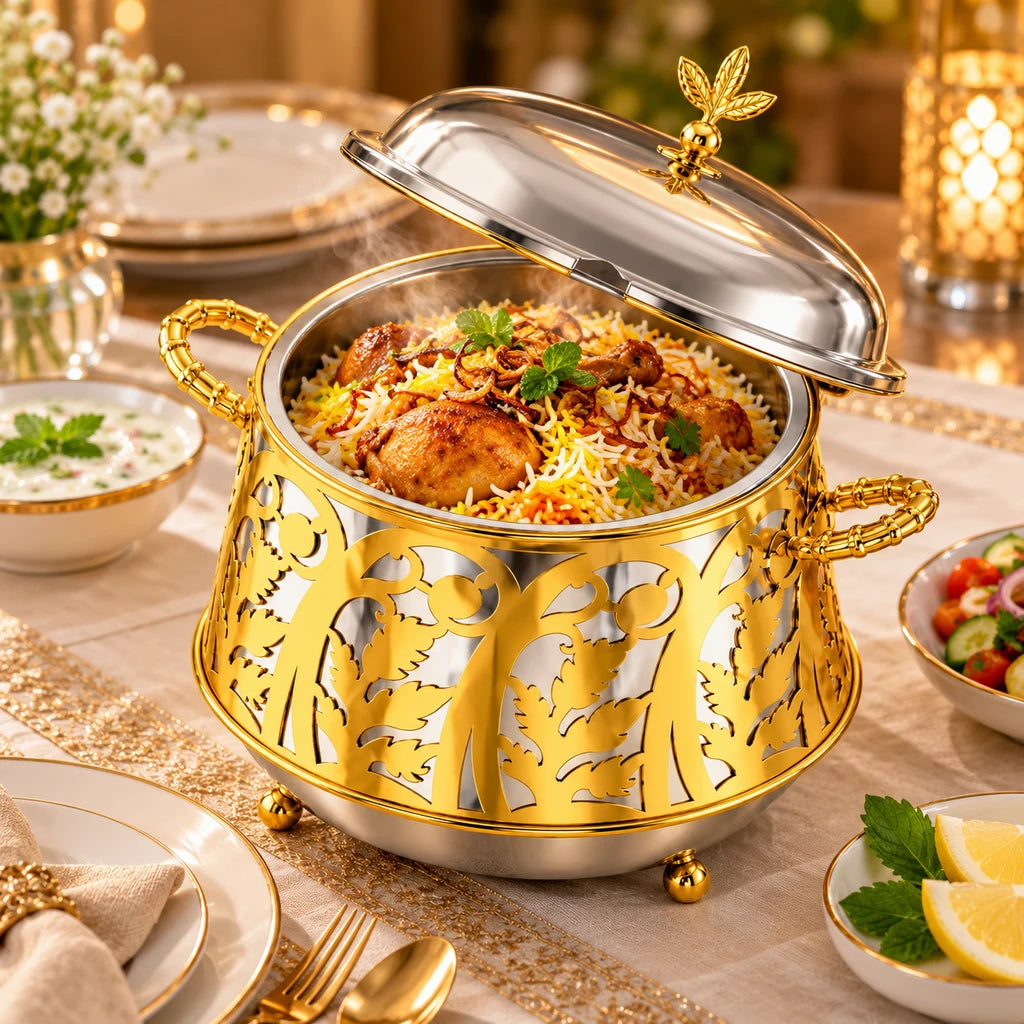 Gold-Leaf Design Stainless Steel Food Warmer with Lid, 23 cm