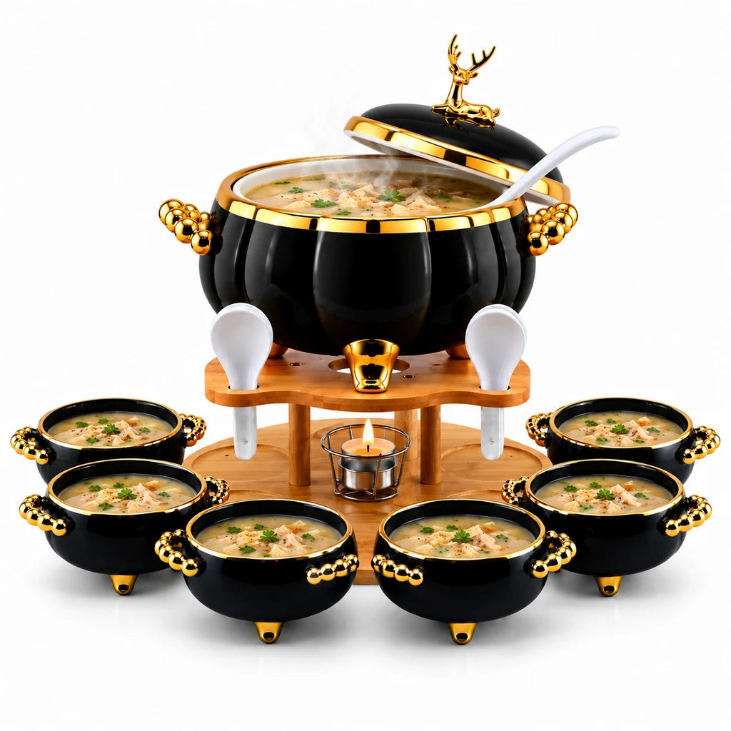 Royal Black Deer Ceramic Soup Set with Bamboo Base, 16 Pieces