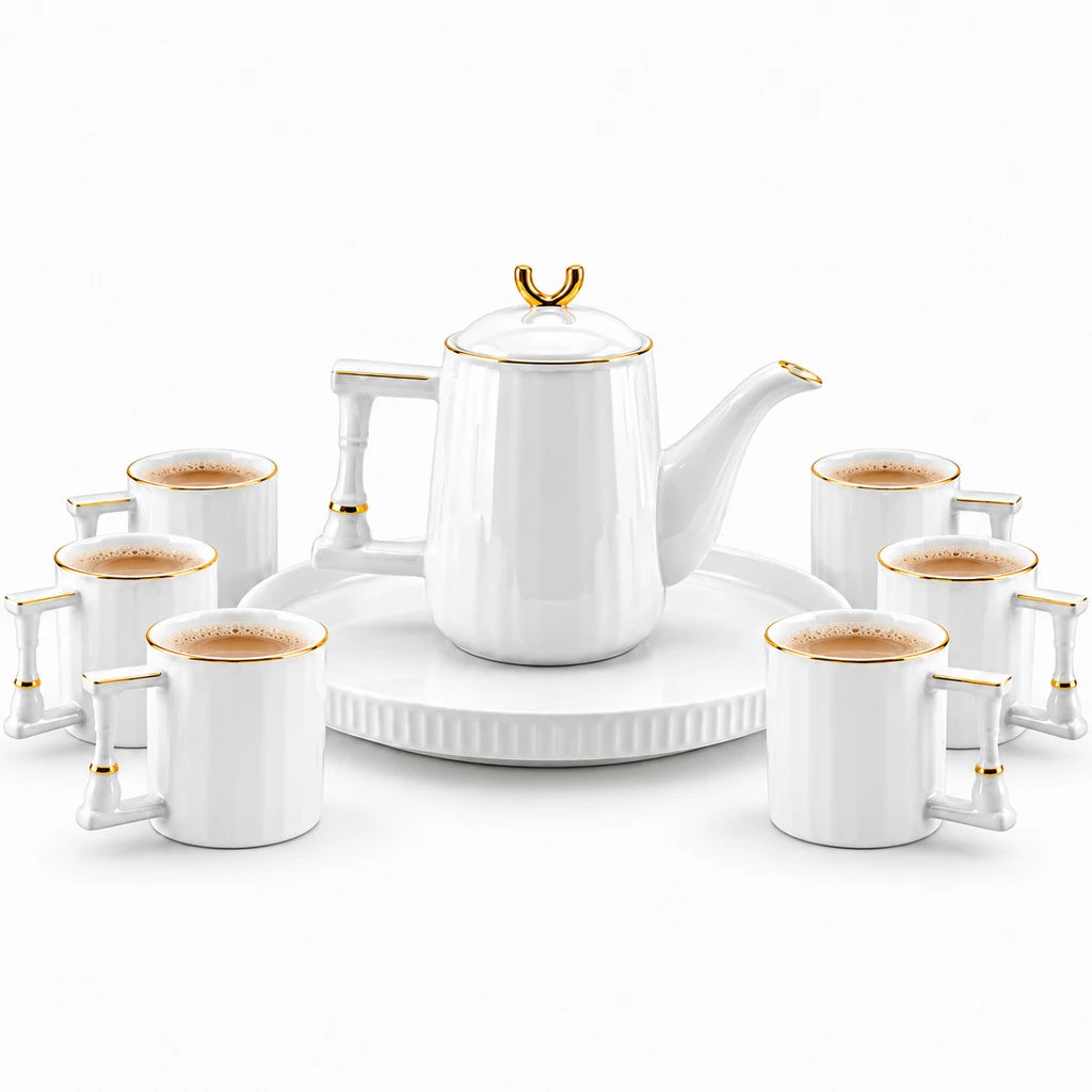 Royal White & Gold Ceramic Tea & Coffee Set, 8 Pieces