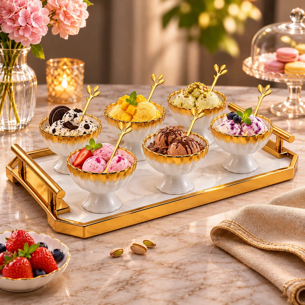 Nordic Royal Rose Ceramic Ice Cream Set with Tray, 13 Pieces