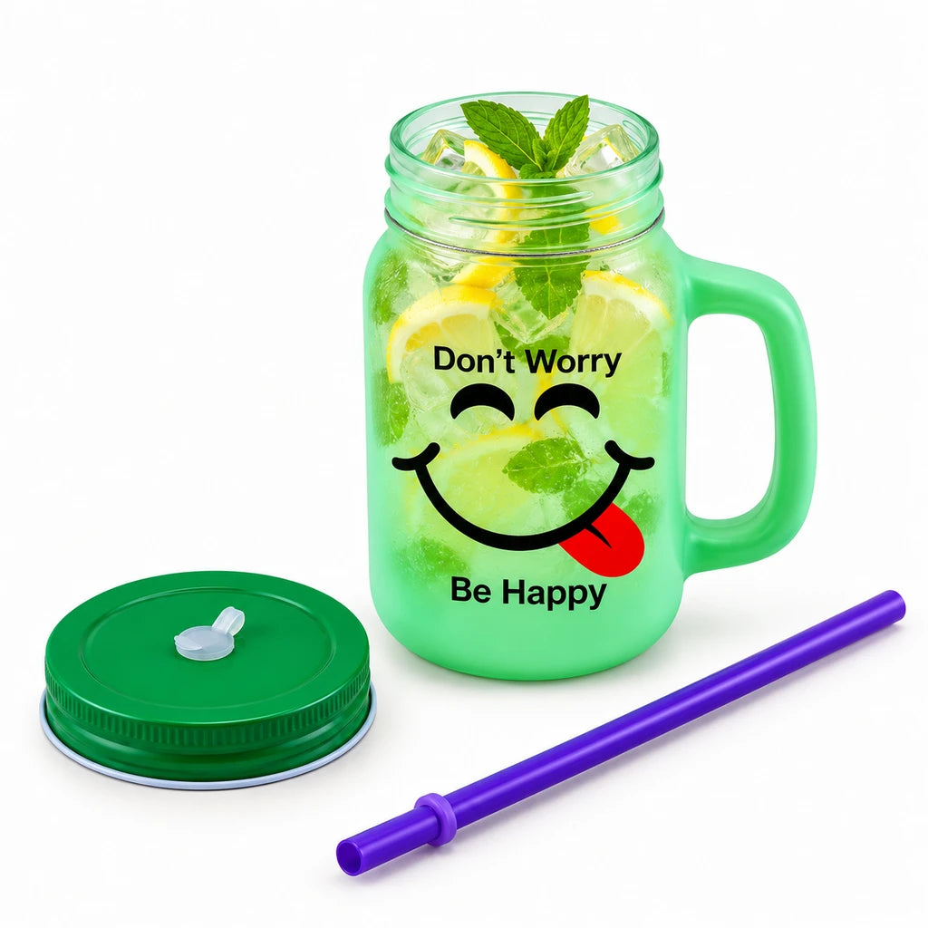 Kleeyo Mint Giggle 450 ml Glass Mason Jar with Straw