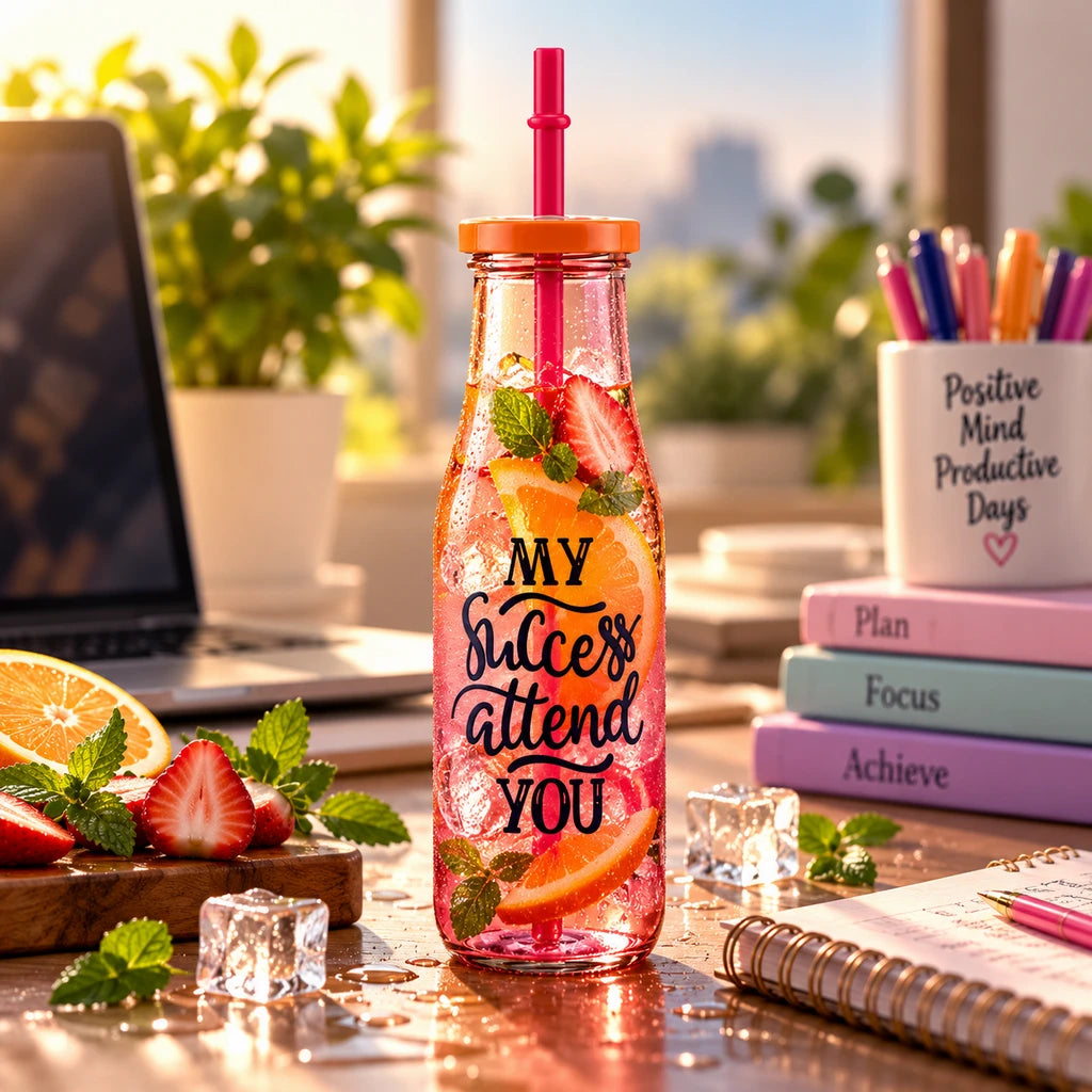 Kleeyo Orange-Pink Success Glass Bottle, 400 ml
