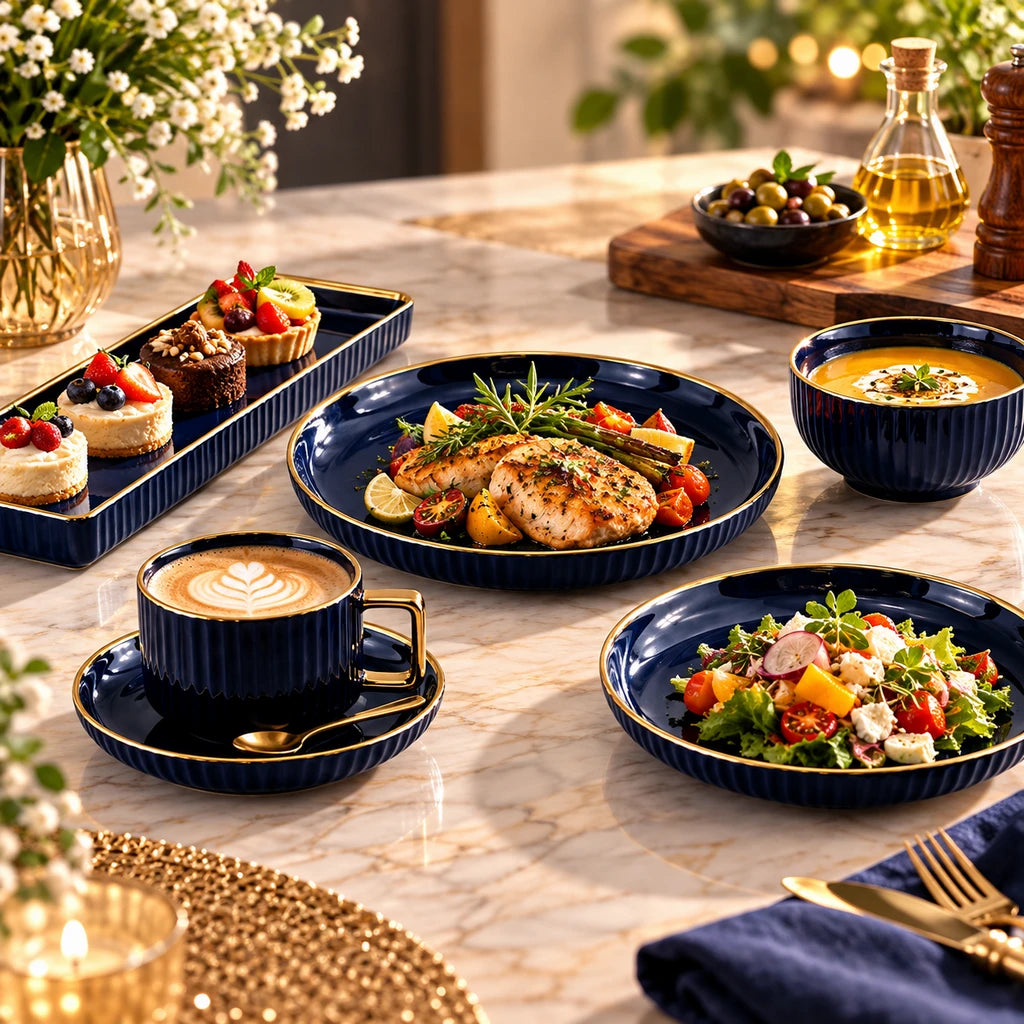 B/C Black & Gold Fluted Ceramic Breakfast Set, 32 Pieces