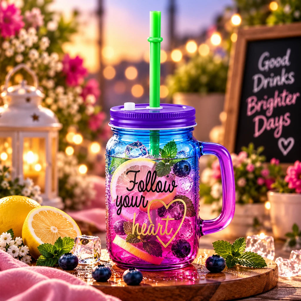 Kleeyo Blue-Pink Follow Your Heart Glass Mason Jar, 450 ml