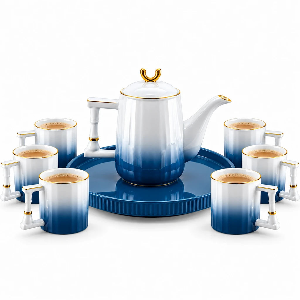 Royal Deep Blue Ombre Ceramic Tea & Coffee Set, 8 Pieces