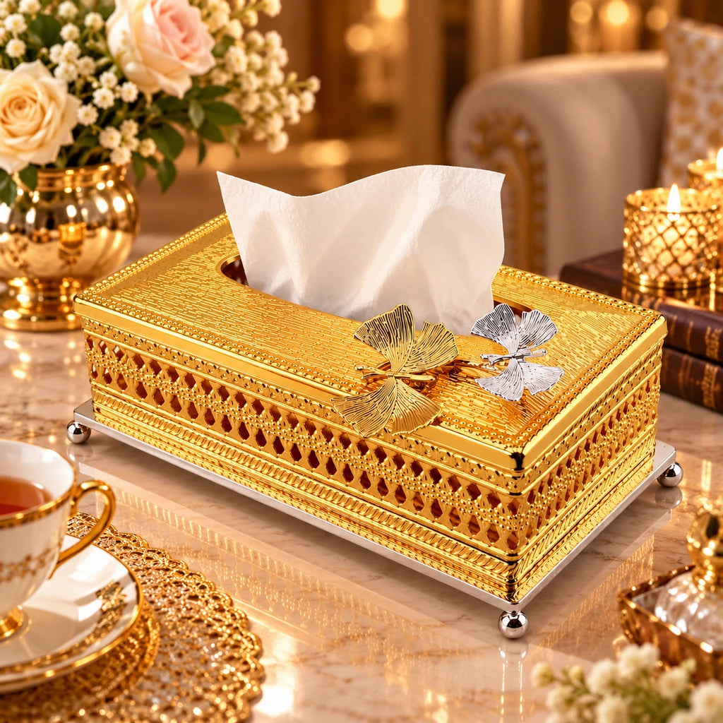 Fancy Gold-Toned Stainless Steel Tissue Box With Ornate Sides & Leaf Accents