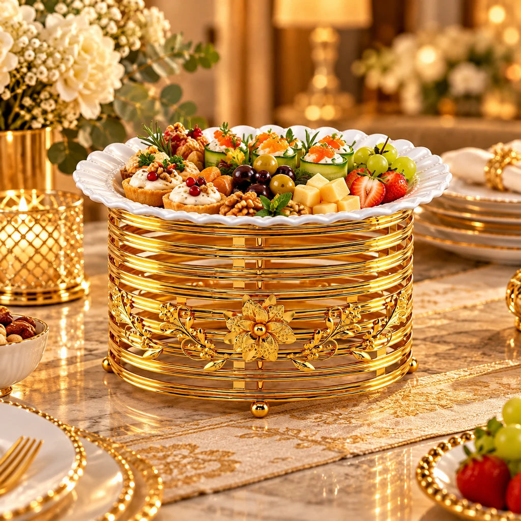 Lotus 30 cm Oval Ceramic Serving Dish With Gold-Toned Floral Ring Stand