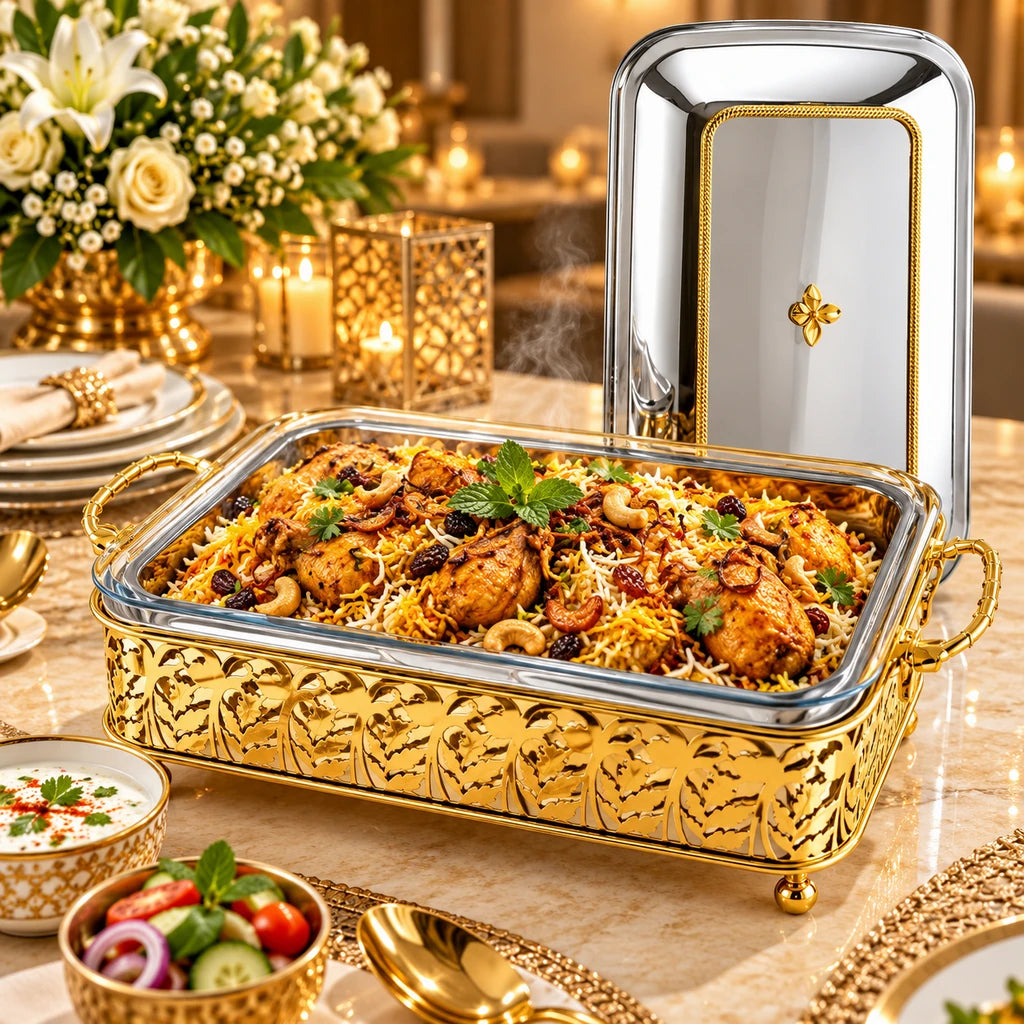 Fancy Stainless Steel Food Warmer With Glass Dish, Lid & Stand - 40 & 45 cm