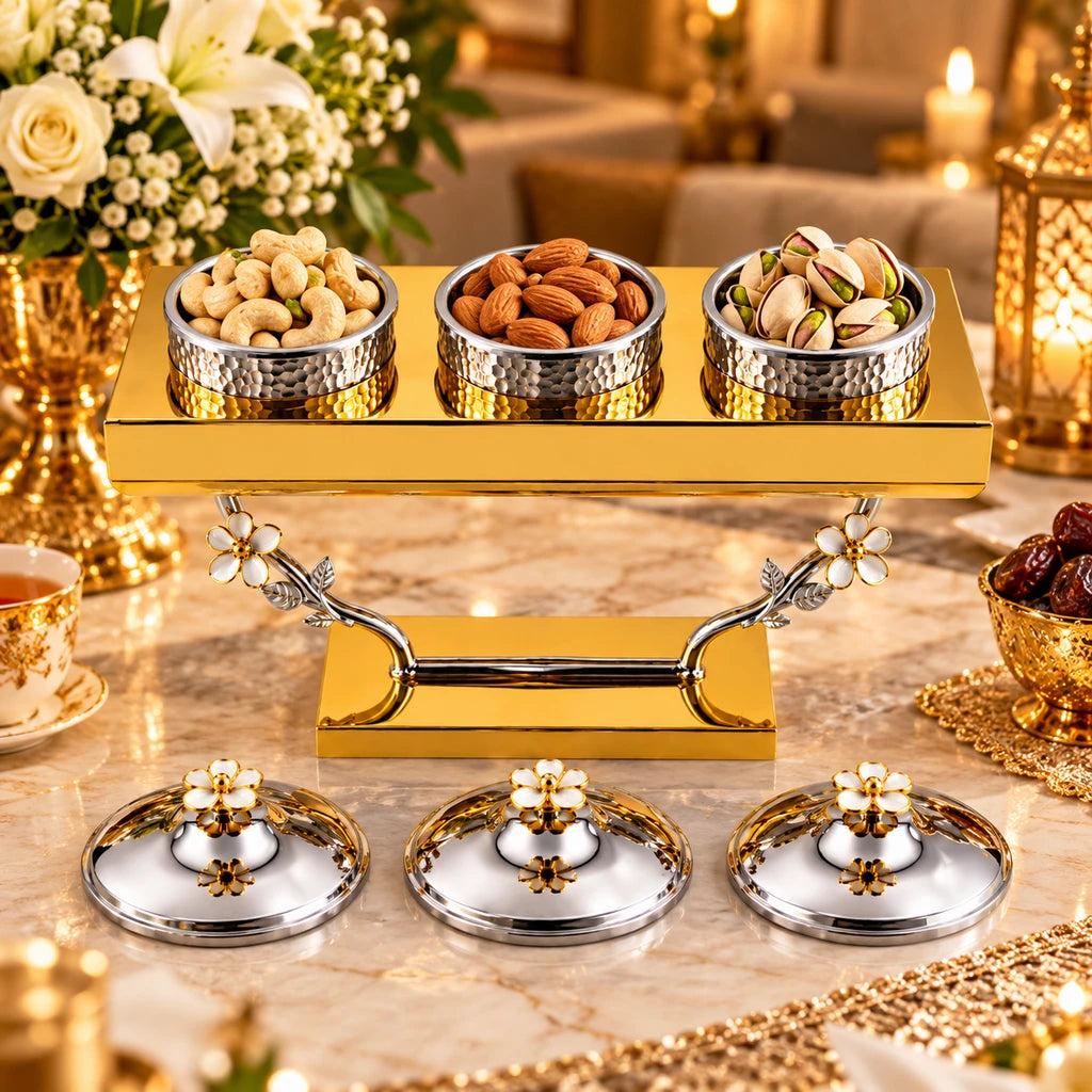 Fancy 3-Bowl Stainless Steel Dry Fruit Stand With Rectangular Base & Floral Supports