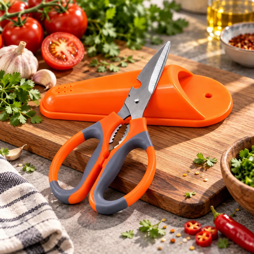 Star Stainless Steel Kitchen Scissors With Orange & Grey Handles and Cap