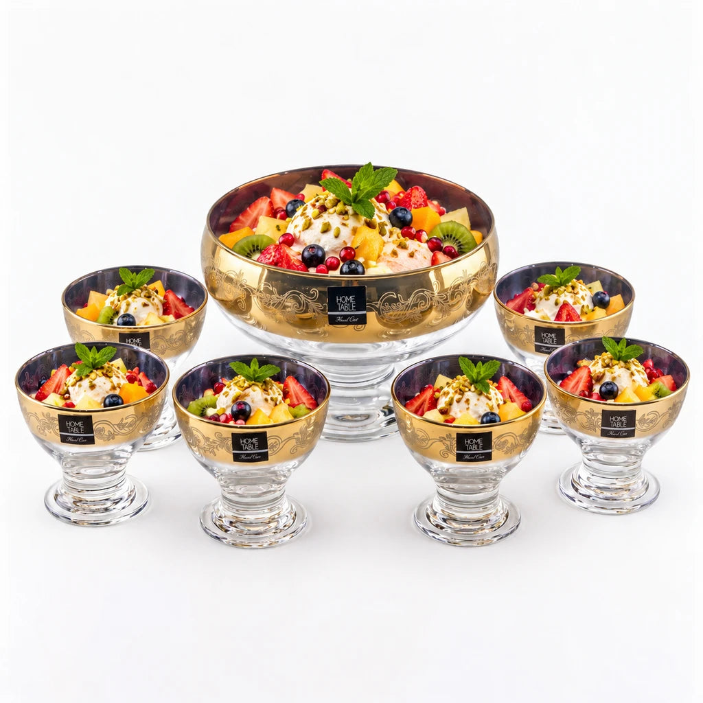 Home Table Horizontal Greek Stripe Gold Glass Dessert Set, 7 Pieces