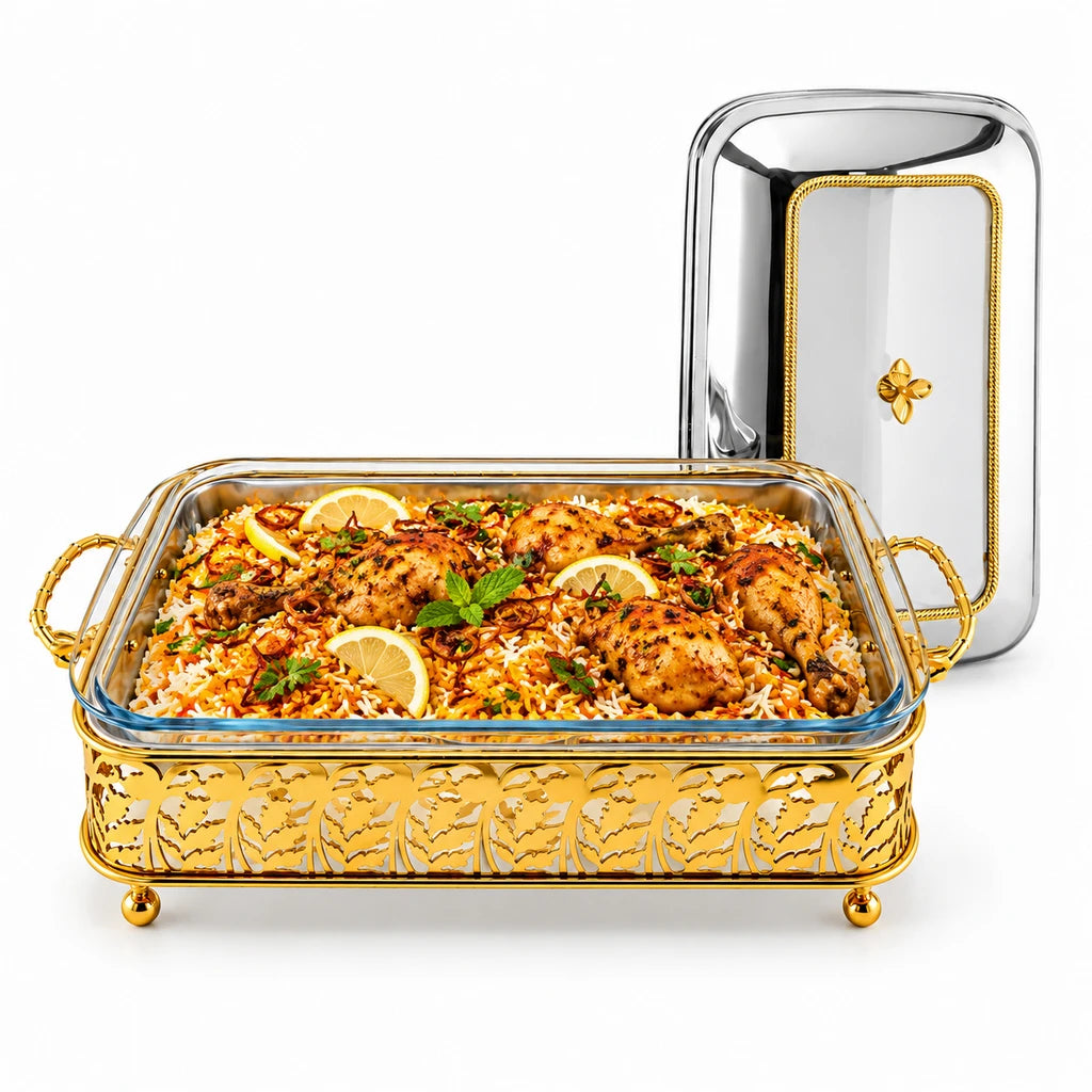 Fancy Stainless Steel Food Warmer With Glass Dish, Lid & Stand - 40 & 45 cm