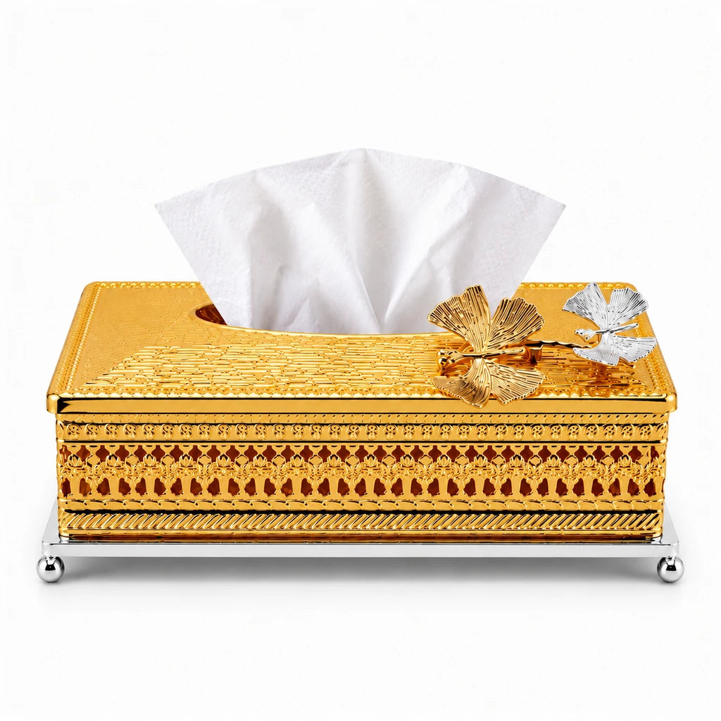 Fancy Gold-Toned Stainless Steel Tissue Box With Ornate Sides & Leaf Accents