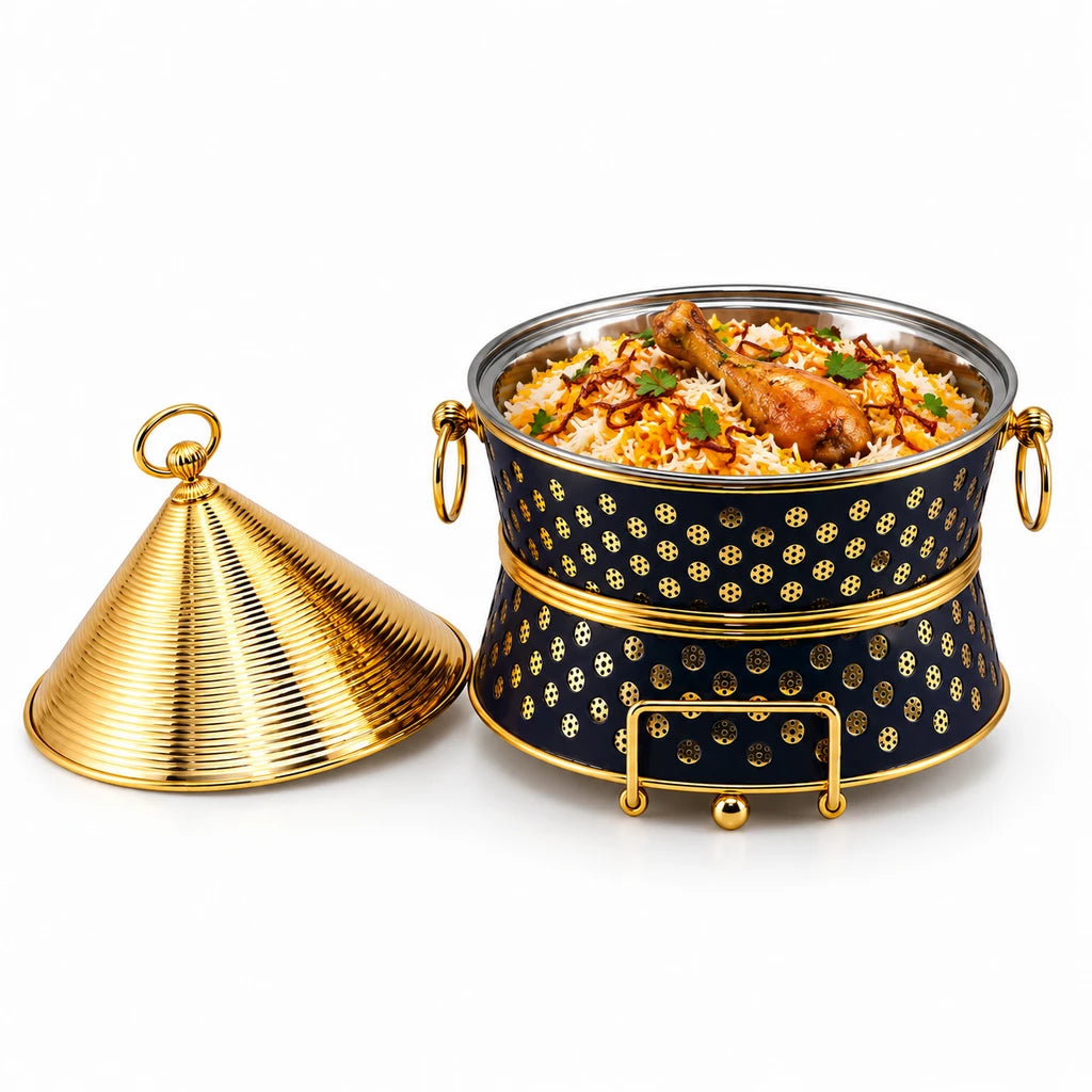 Fancy 7-Liter Round Stainless Steel Food Warmer With Conical Lid - Black & Gold