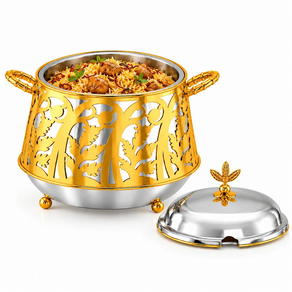 Gold-Leaf Design Stainless Steel Food Warmer with Lid, 23 cm