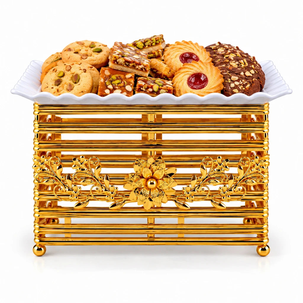 Lotus 30 cm Rectangular Ceramic Serving Dish With Gold-Toned Floral Rail Stand