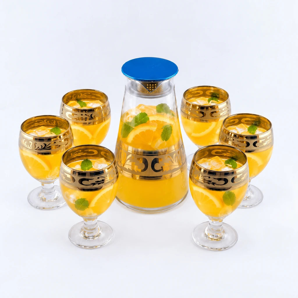 Home Table Victorian Baroque Gold Glass Pitcher & Goblet Set, 7 Pieces