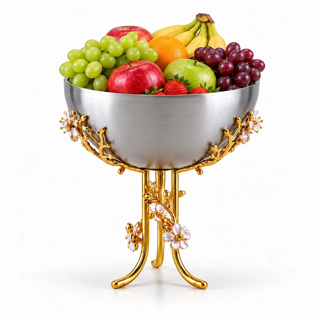 Fancy Stainless Steel Fruit Bowl With Floral Pedestal Stand