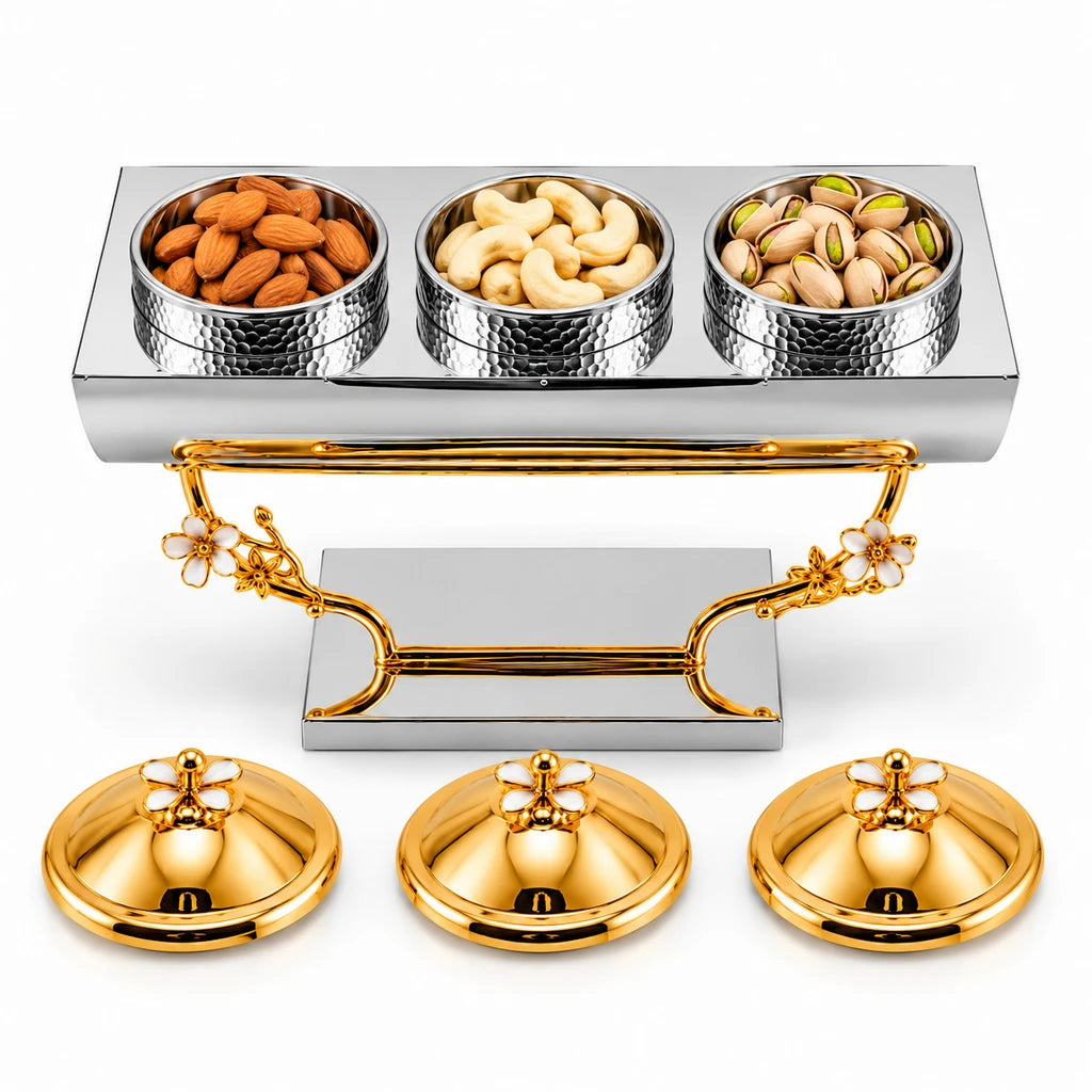 Fancy 3-Bowl Stainless Steel Dry Fruit Dish With Silver-Toned Stand & Gold-Toned Lids
