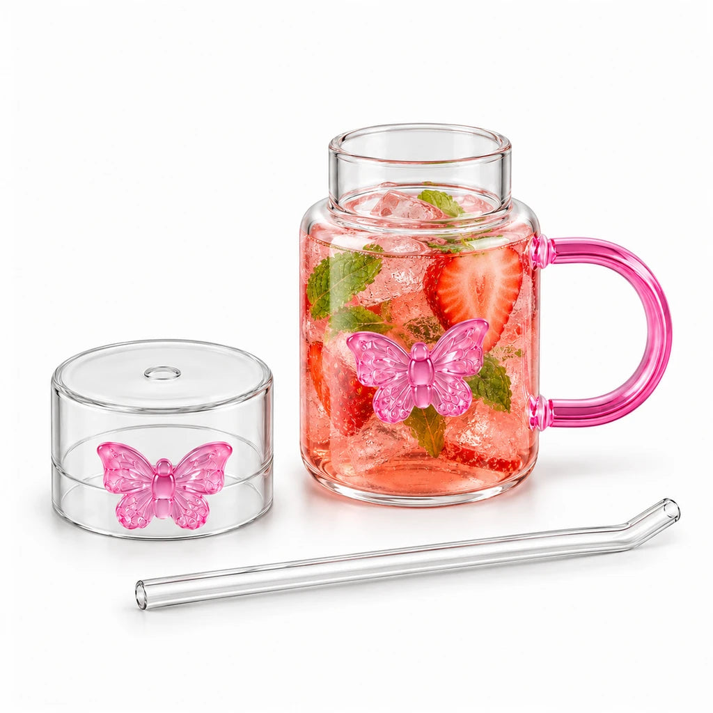 D.W.M 450 ml Pink Butterfly Glass Mason Jar With Lid & Straw