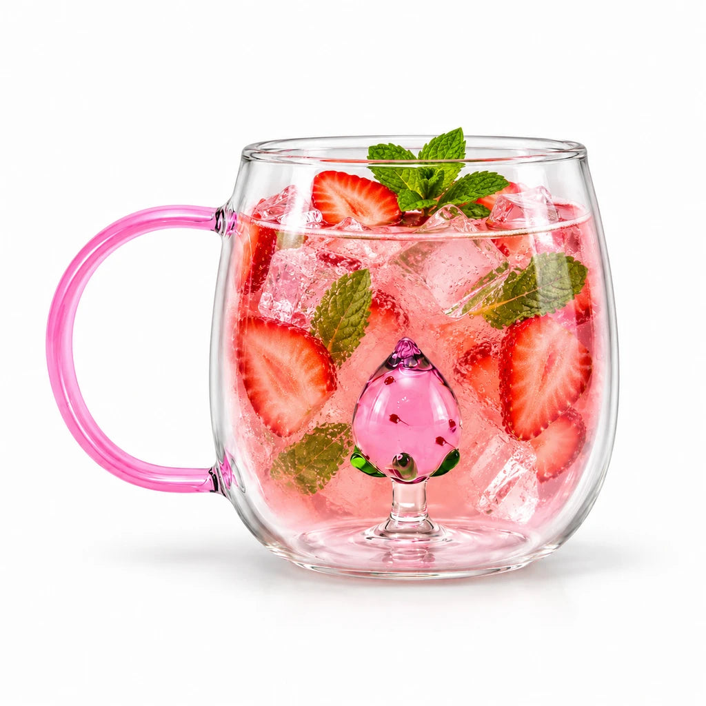 D.W.M Ruby-Dot Pink Peach Glass Mug with Pink Handle, 400 ml