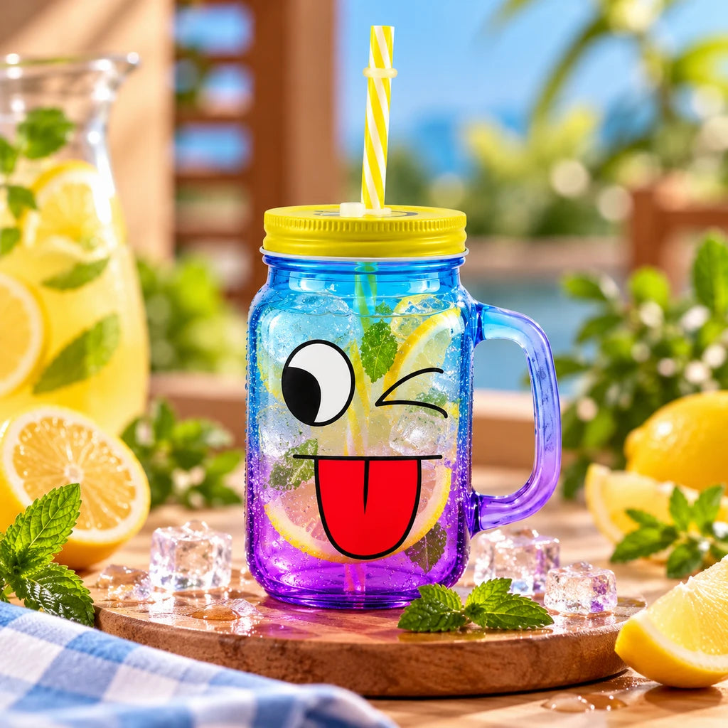 Kleeyo Cheeky Wink 450 ml Glass Mason Jar with Straw