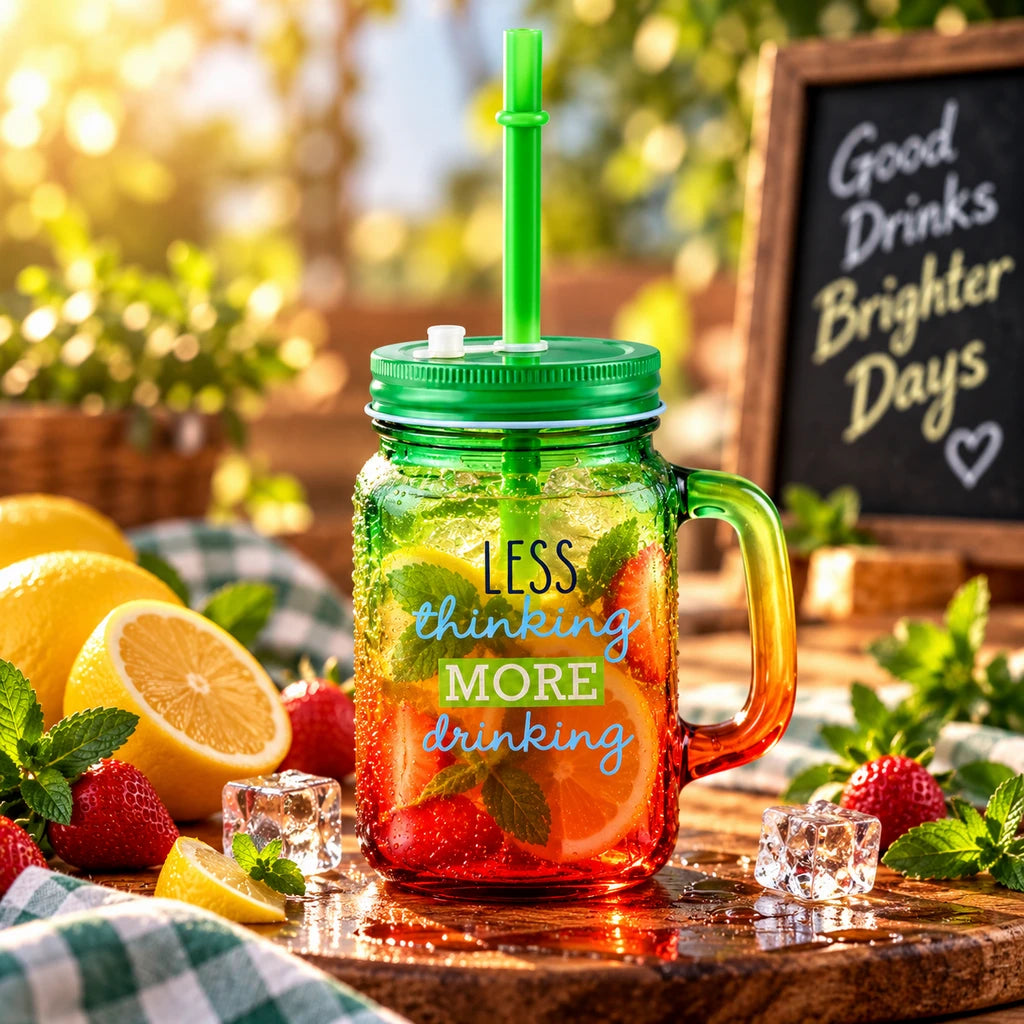 Kleeyo Green-Orange Less Thinking Glass Mason Jar, 450 ml