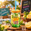 Kleeyo Green Enjoy Summer Glass Drinking Mason Jar, 450 ml