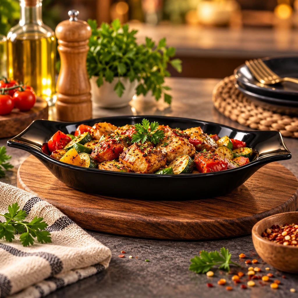 Blaze Casa 10-Inch Melamine Boat-Shaped Serving Dish - Red, Yellow & Black