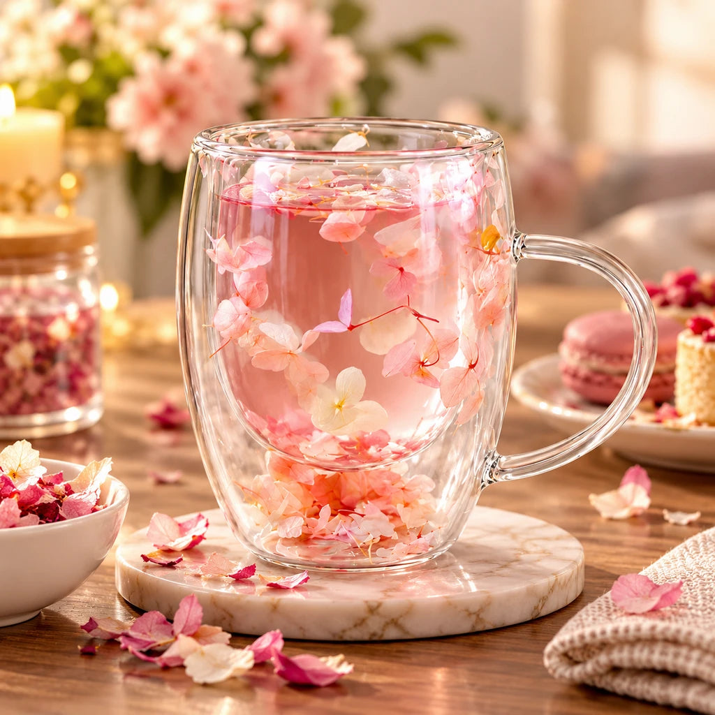 D.W.M Blush & Ivory Florals Double-Wall Glass Mug, 350 ml