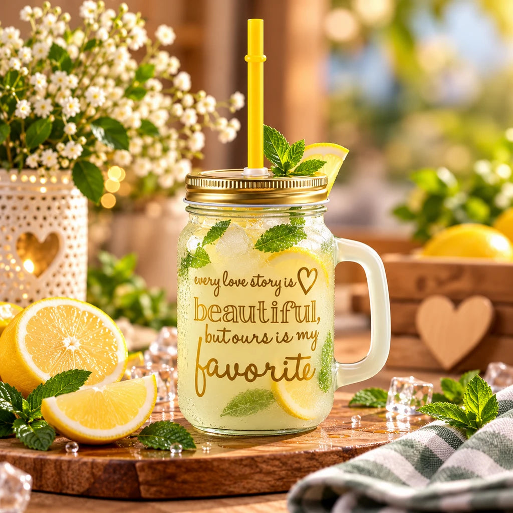 Kleeyo Love Story 450 ml Glass Mason Jar with Straw