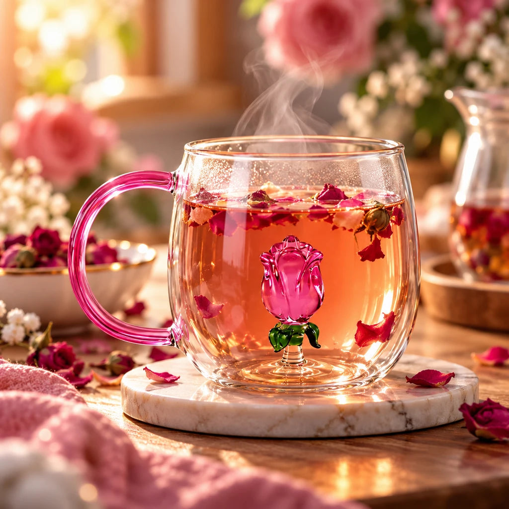 D.W.M Pink Rose Glass Mug with Pink Handle, 400 ml