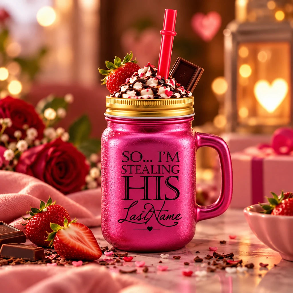 Kleeyo Fuchsia Last Name Glass Drinking Mason Jar, 450 ml