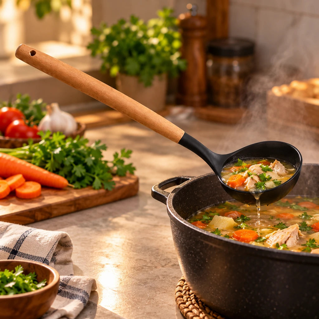BEST Silicone Soup Ladle with Wooden Handle, 13 Inch