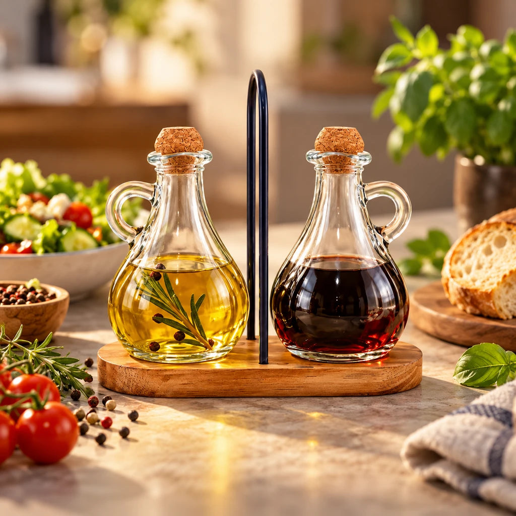 Danny Home 2-Piece Glass Oil Bottle Set with Wooden Base