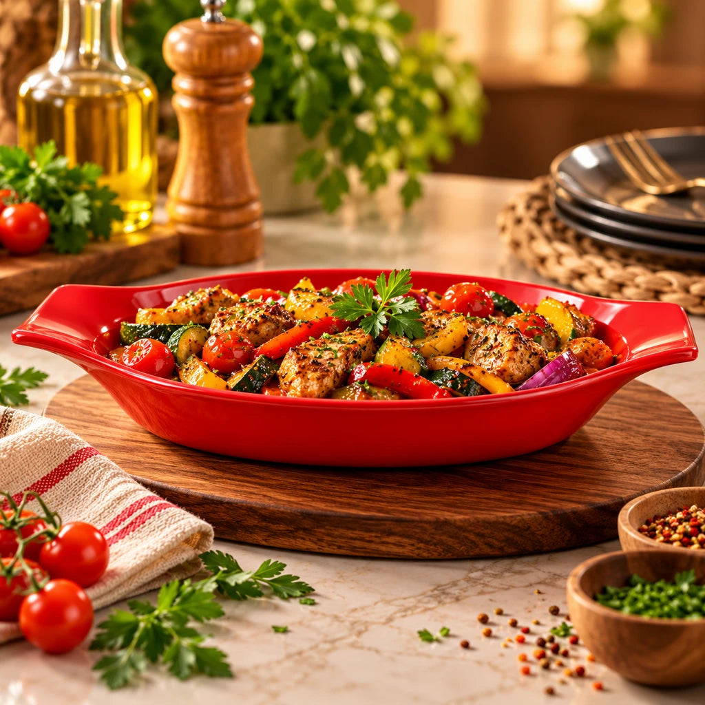 Blaze Casa 10-Inch Melamine Boat-Shaped Serving Dish - Red, Yellow & Black