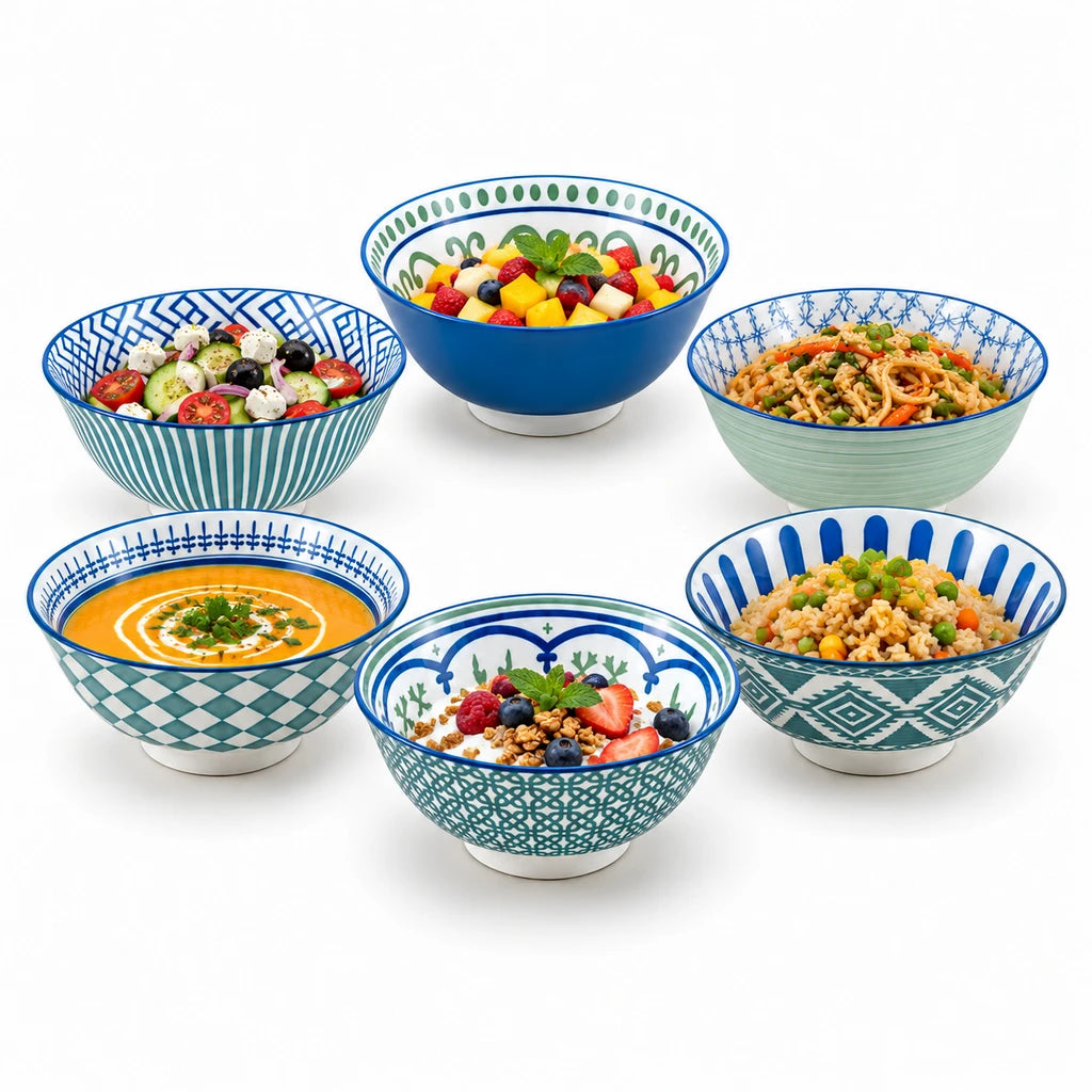 Danny Home 6-Piece Blue & Green Patterned Porcelain Bowl Set - 16 cm