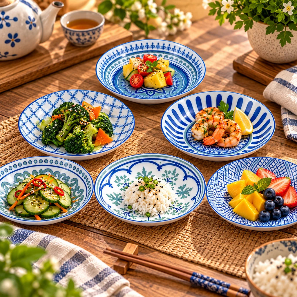 Danny Home 6-Piece Blue & White Porcelain Deep Rice Plate Set - 14 cm