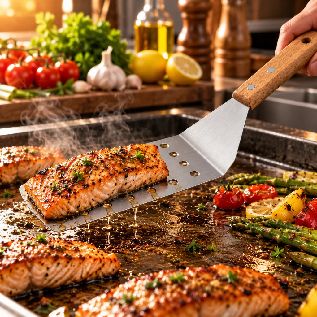 Shengya 14-Inch Perforated Stainless Steel Food Lifter With Wooden Handle