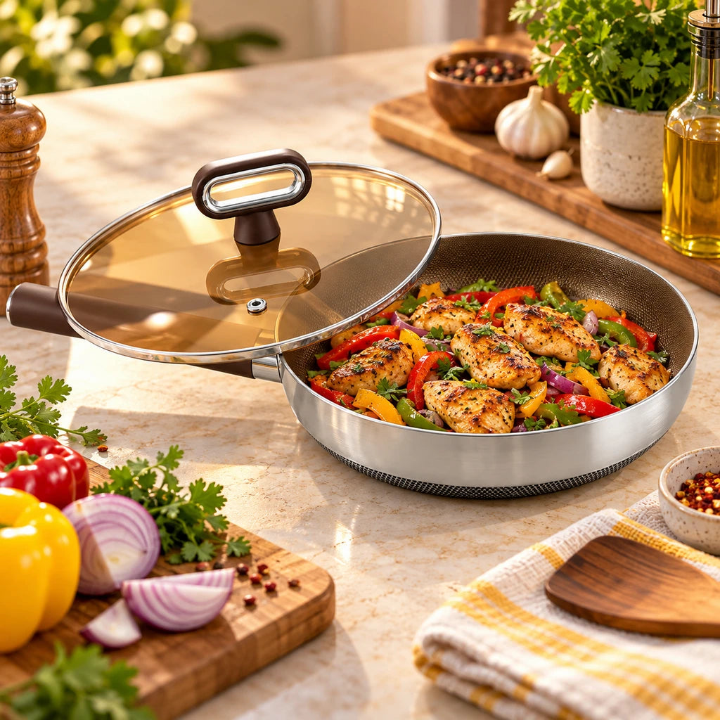 Titanium-Coated Non-Stick Frying Pan With Glass Lid - 24 & 28 cm