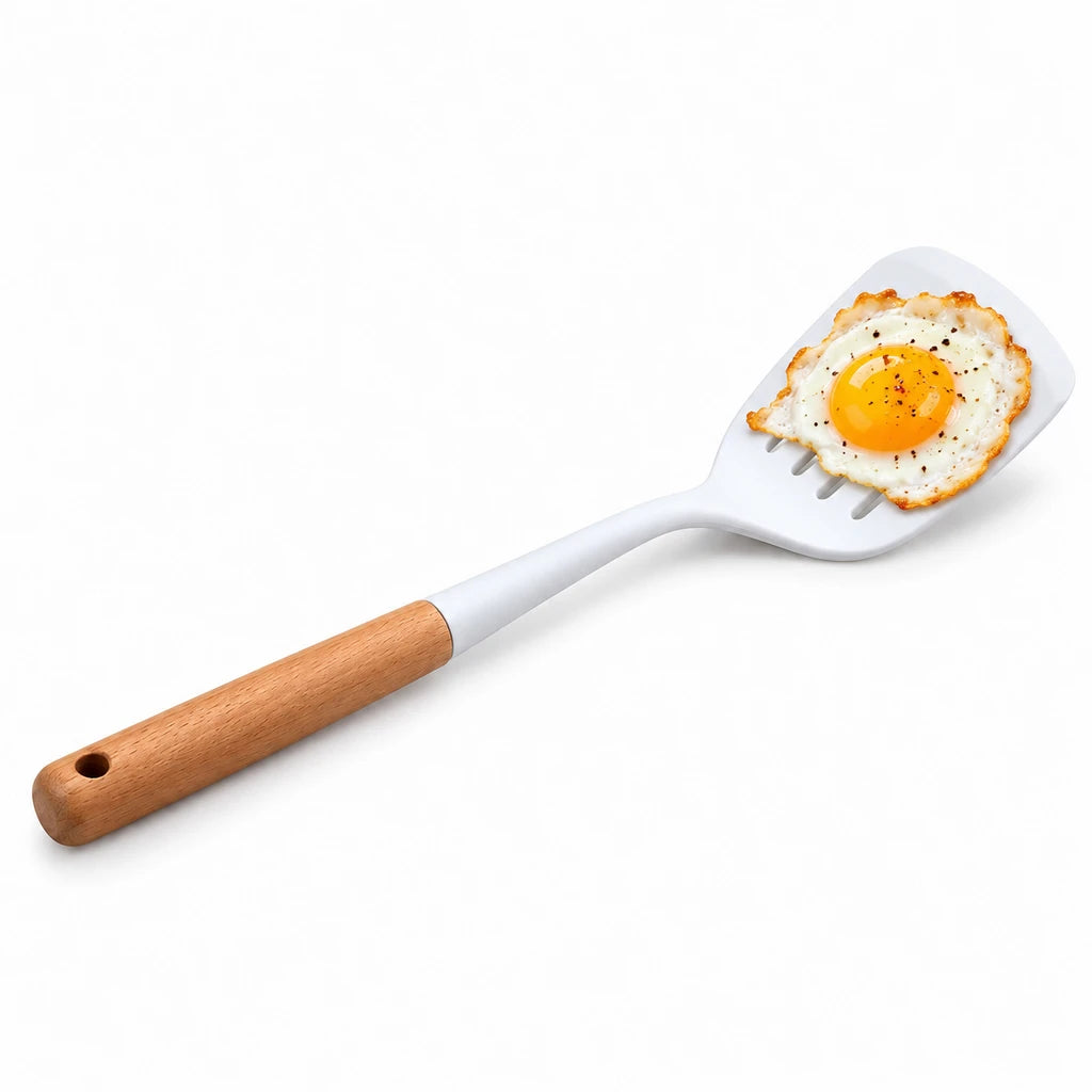 BEST White Slotted Silicone Turner with Wooden Handle, 13 Inch